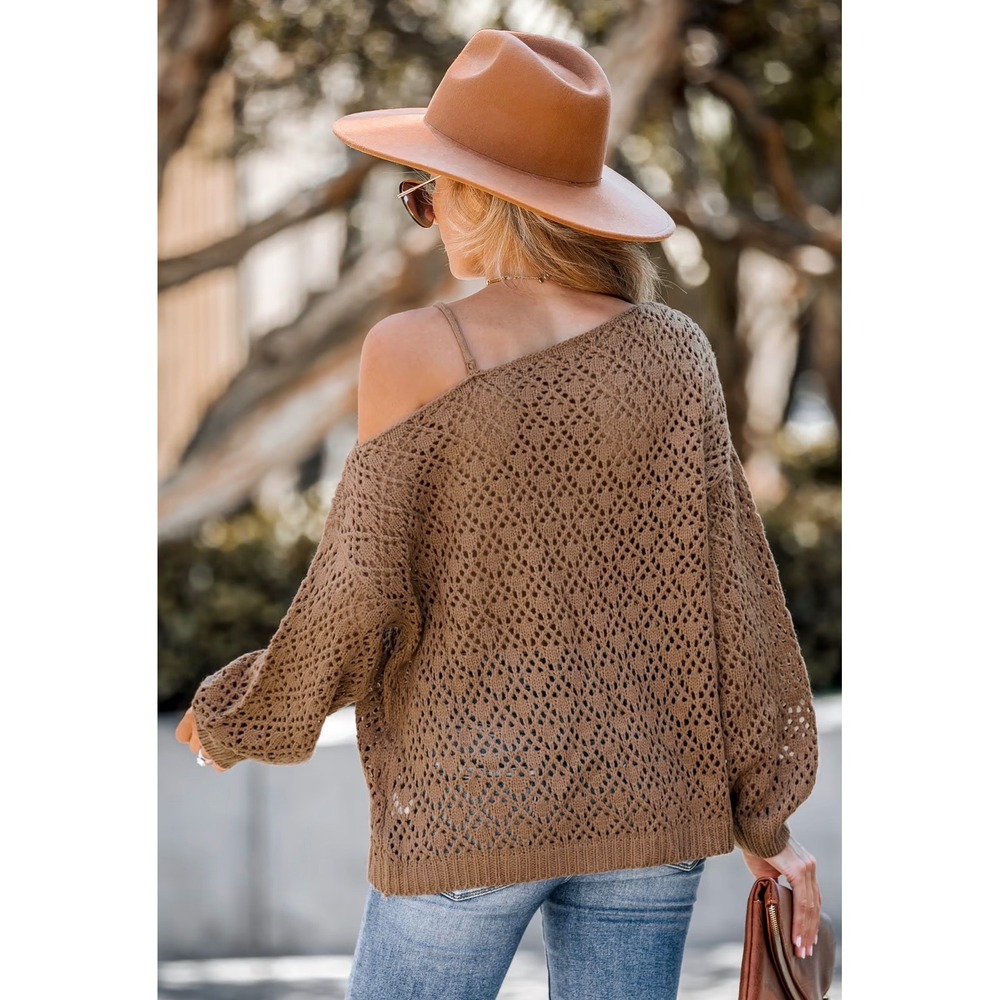 CUPSHE Women Cutout Crochet One-Shoulder Sweater Cami Long Sleeves Ribbed Trim - Picture 3 of 6